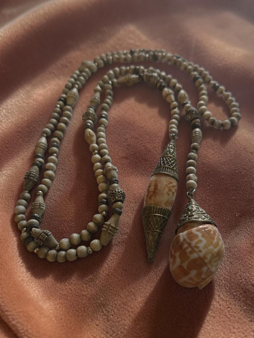 Rare Vintage Tibetan Boho 46" Lariat Necklace Carved Bone & Conch Shell Pendants